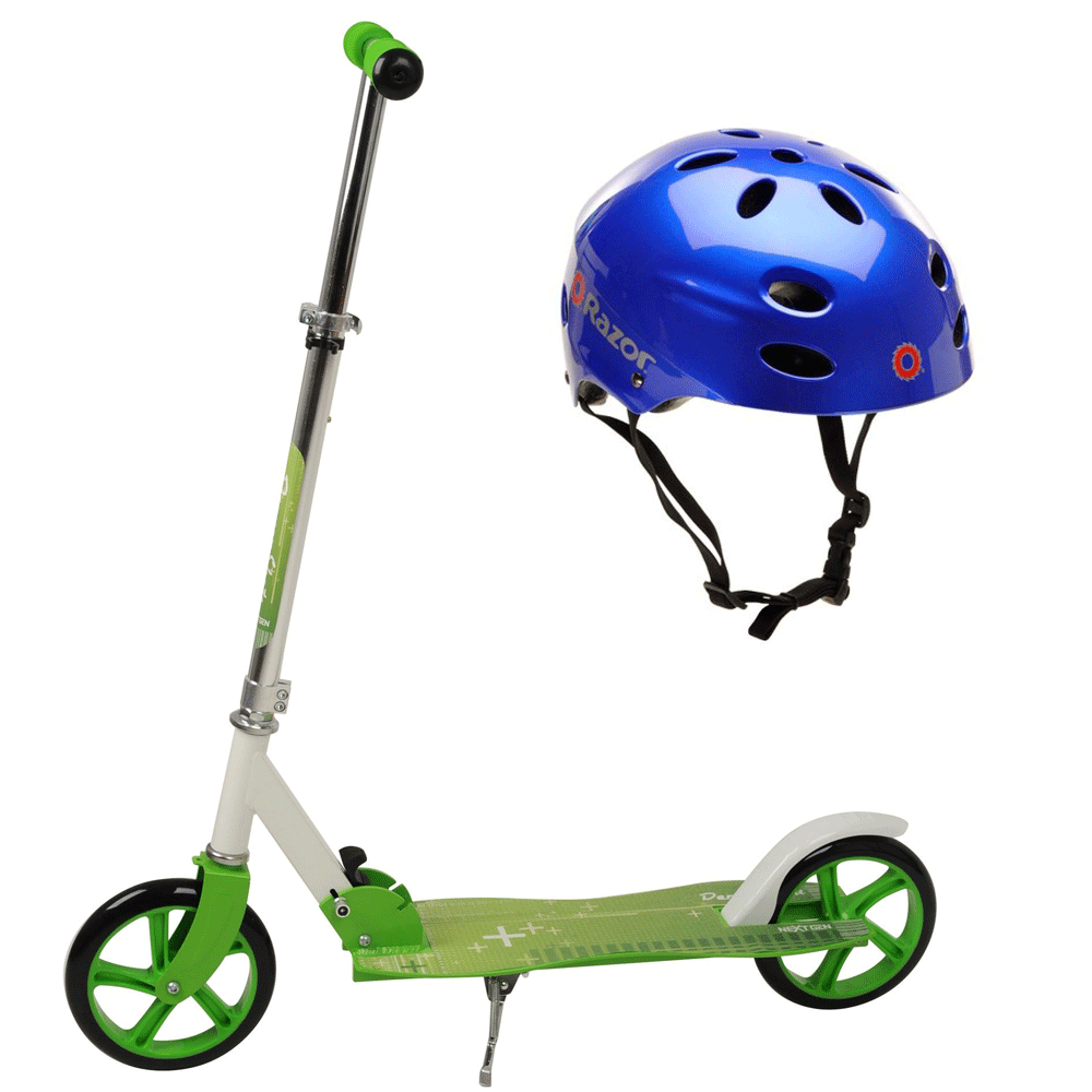 NextGen Scooters Denver Folding Scooter, Green & Razor V-17 Helmet, Glossy Blue