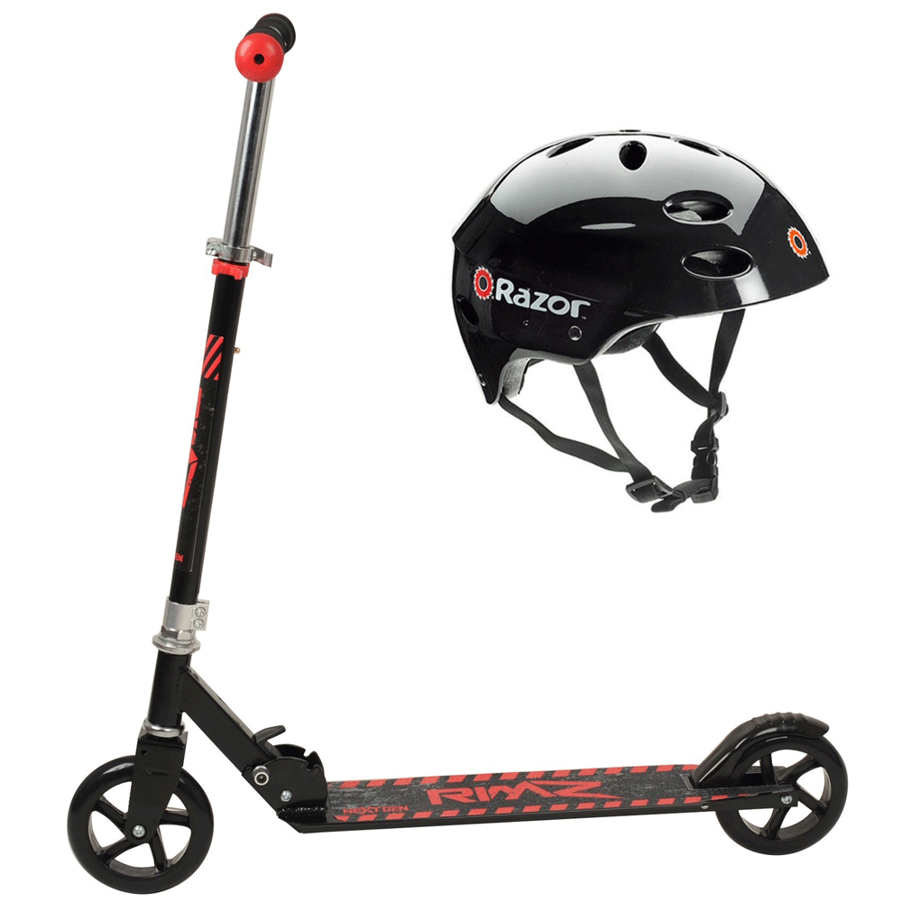 NextGen Scooters Kids Kick Scooter, Black & Razor V17 Youth Helmet, Glossy Black