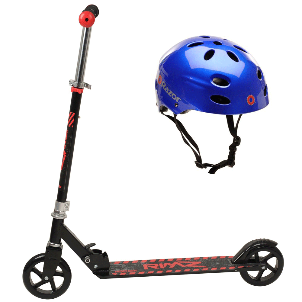 NextGen Scooters Kids Foldable Scooter, Black & Razor V-17 Helmet, Glossy Blue