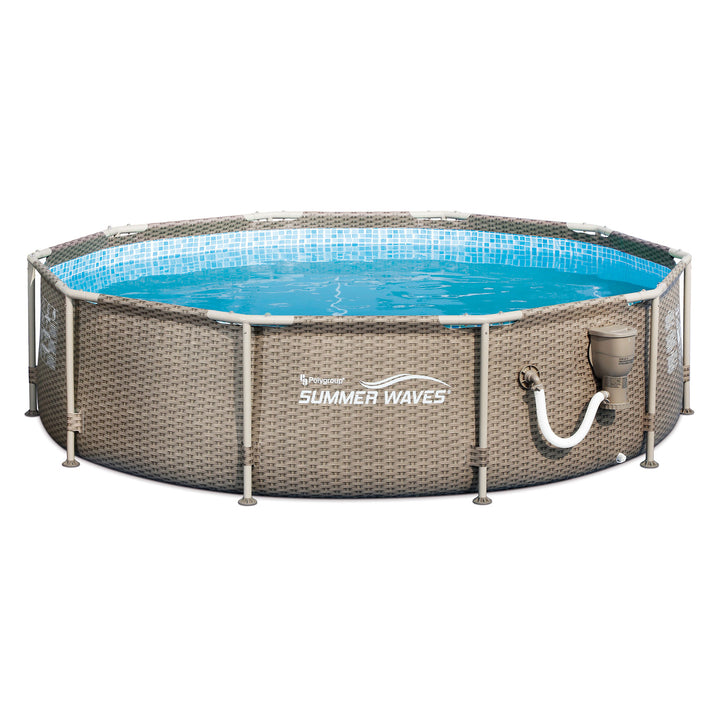 Summer Waves 10ft x 30in Frame Pool with Exterior Wicker Print, Tan (Used)