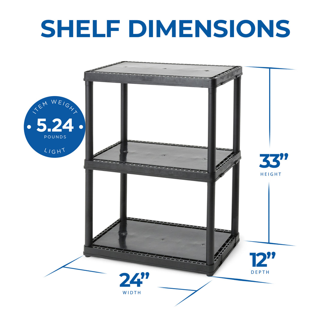 Gracious Living 3 Shelf Fixed Height Light Duty Storage Unit, Black (2 Pack)