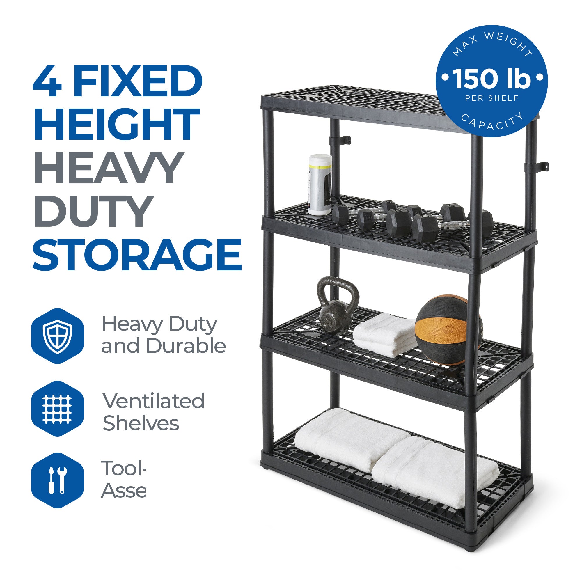 Gracious Living 4 Shelf Fixed Height Ventilated Storage Unit, Black, 4 Pack
