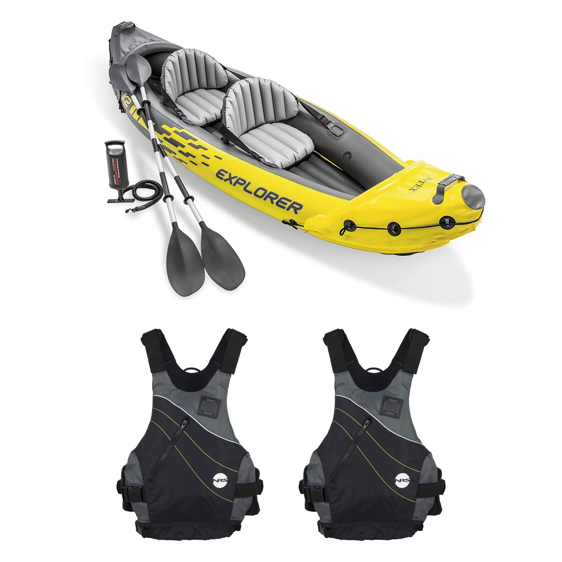 Intex Explorer Inflatable Kayak w/ Air Pump, Black Large XL Life Jacket (2 Pack) - VMInnovations