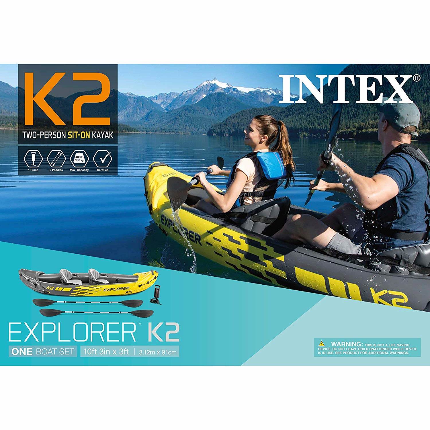 Intex Explorer Inflatable Kayak w/ Air Pump, Black Large XL Life Jacket (2 Pack) - VMInnovations