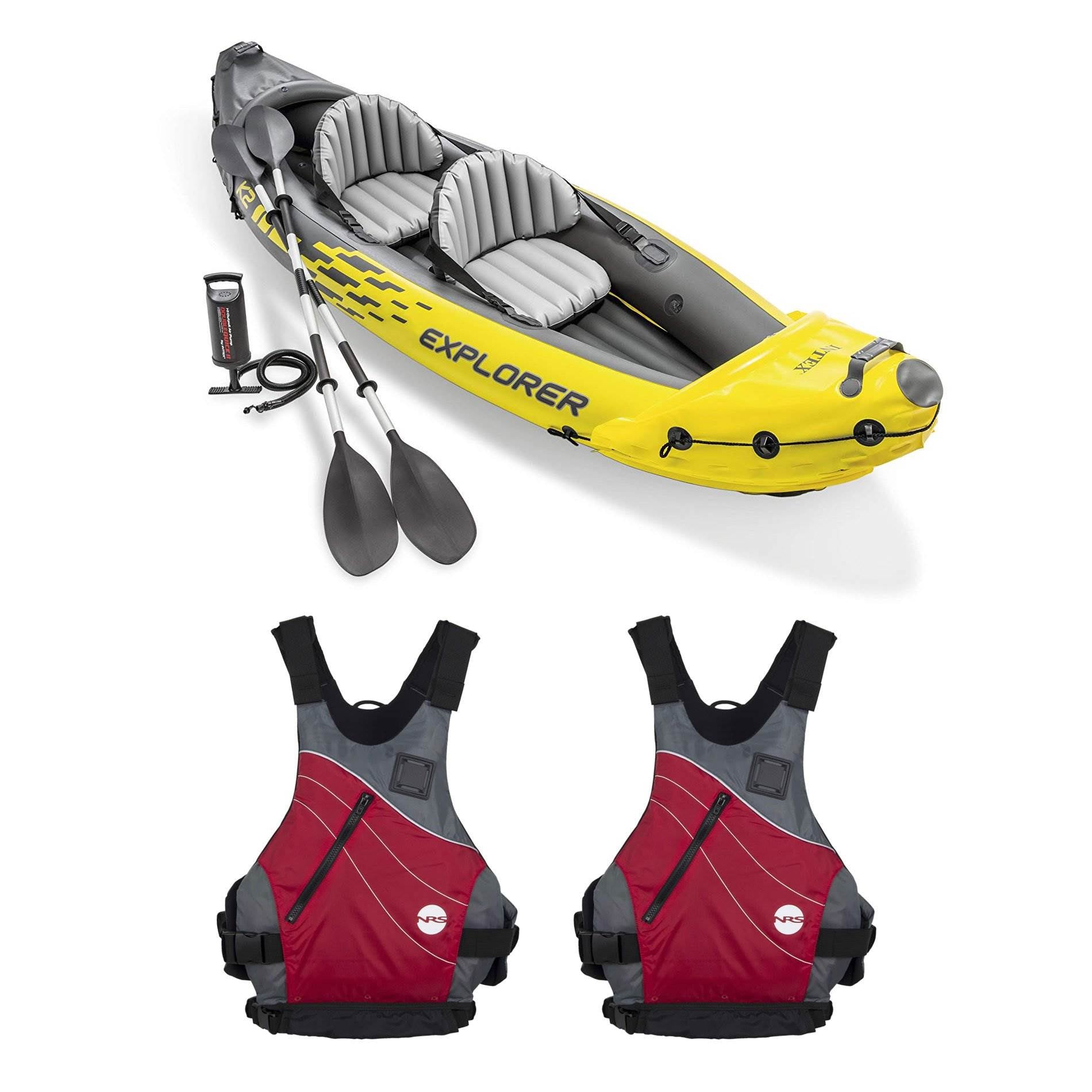 Intex Explorer Inflatable Kayak w/ Air Pump & Red Large XL Life Jacket (2 Pack) - VMInnovations