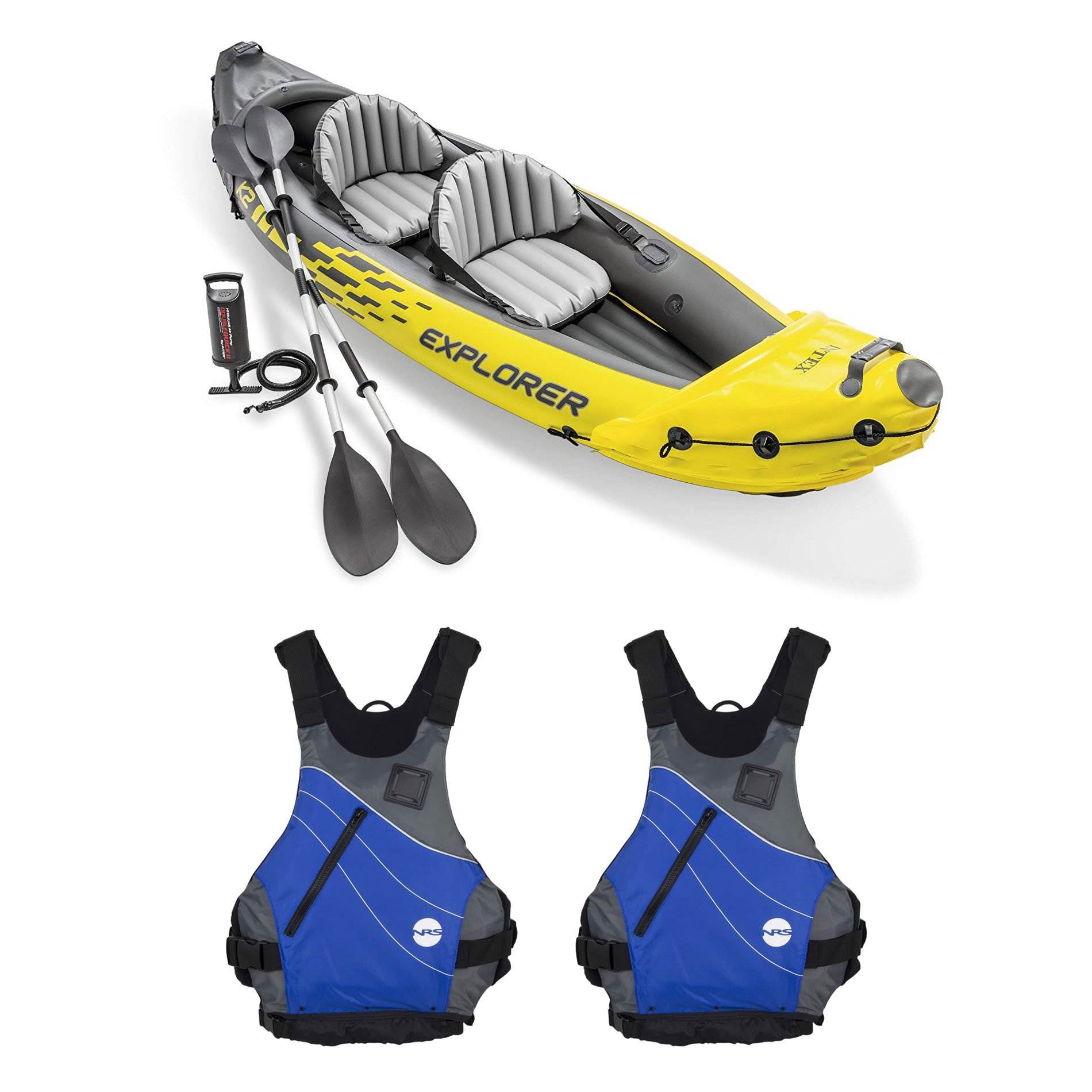 Intex Explorer Inflatable Kayak w/ Air Pump & Blue Large XL Life Jacket (2 Pack)