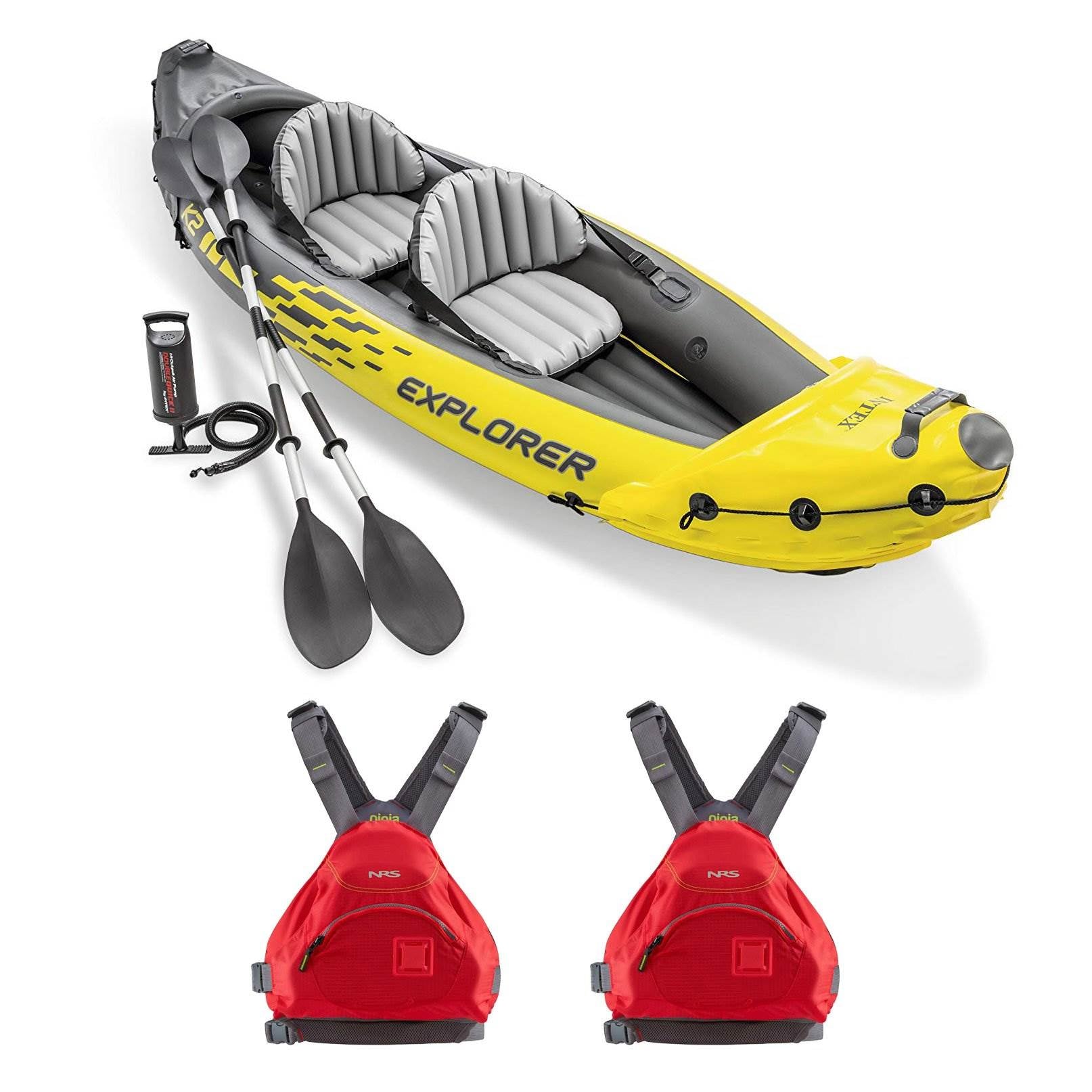 Intex Explorer Inflatable Kayak w/ Air Pump & Red Sm/Med. Life Jacket (2 Pack)