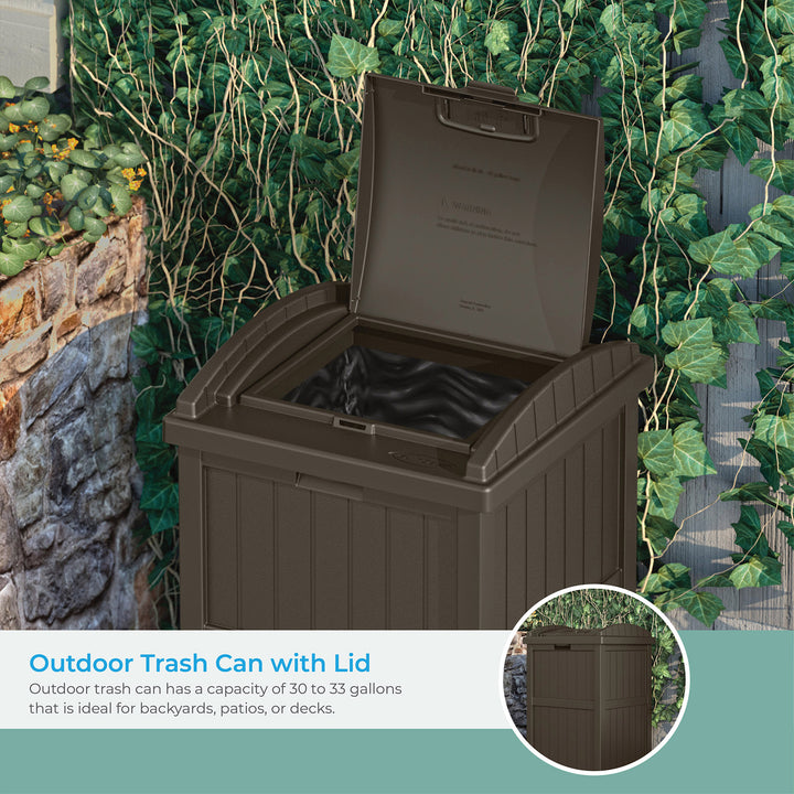 Suncast 33 Gal Hideaway Outdoor Backyard Garbage Can with Secure Lid, Java Brown