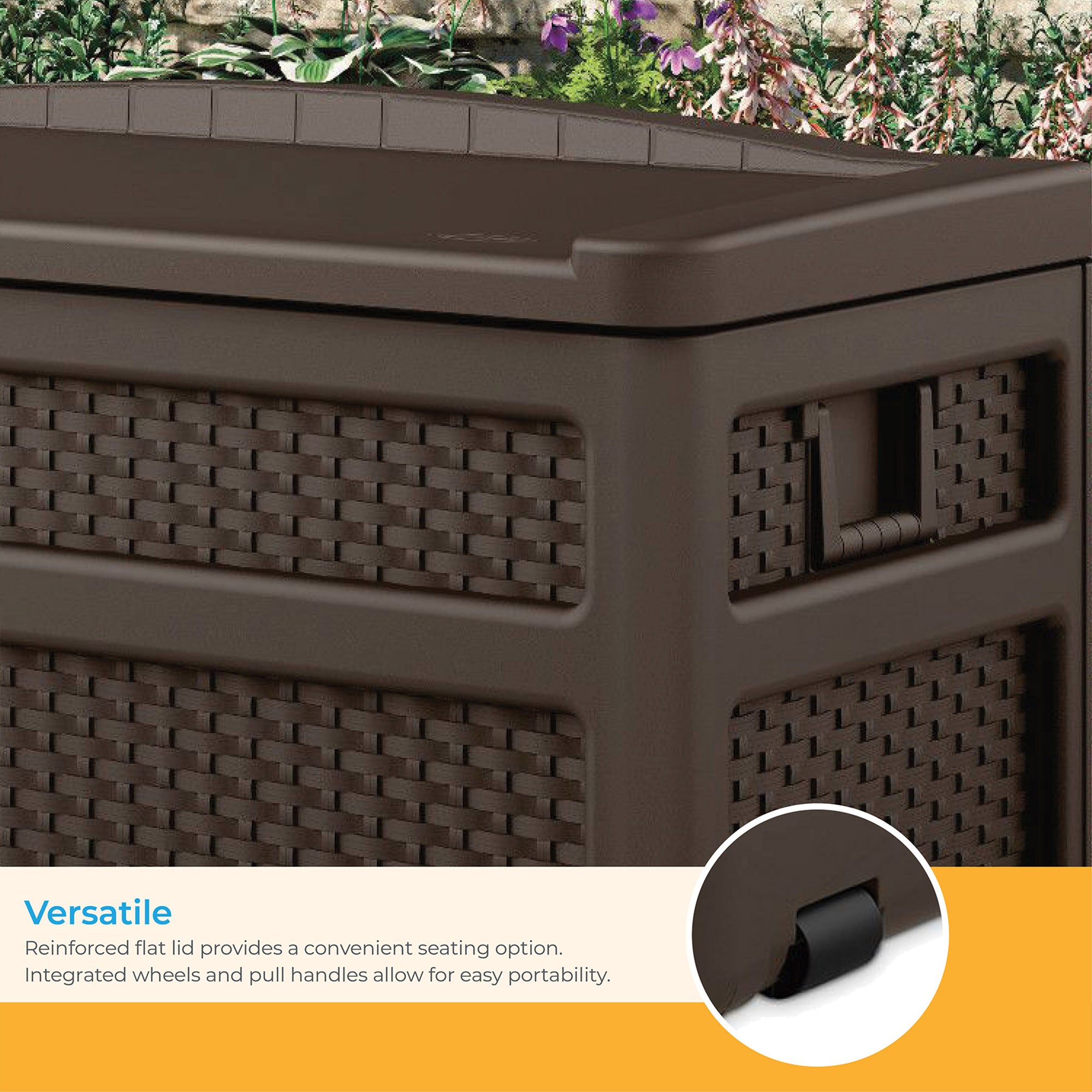 Suncast DBW7500 73 Gallon Outdoor Patio Storage Chest with Handles & Seat, Java - VMInnovations