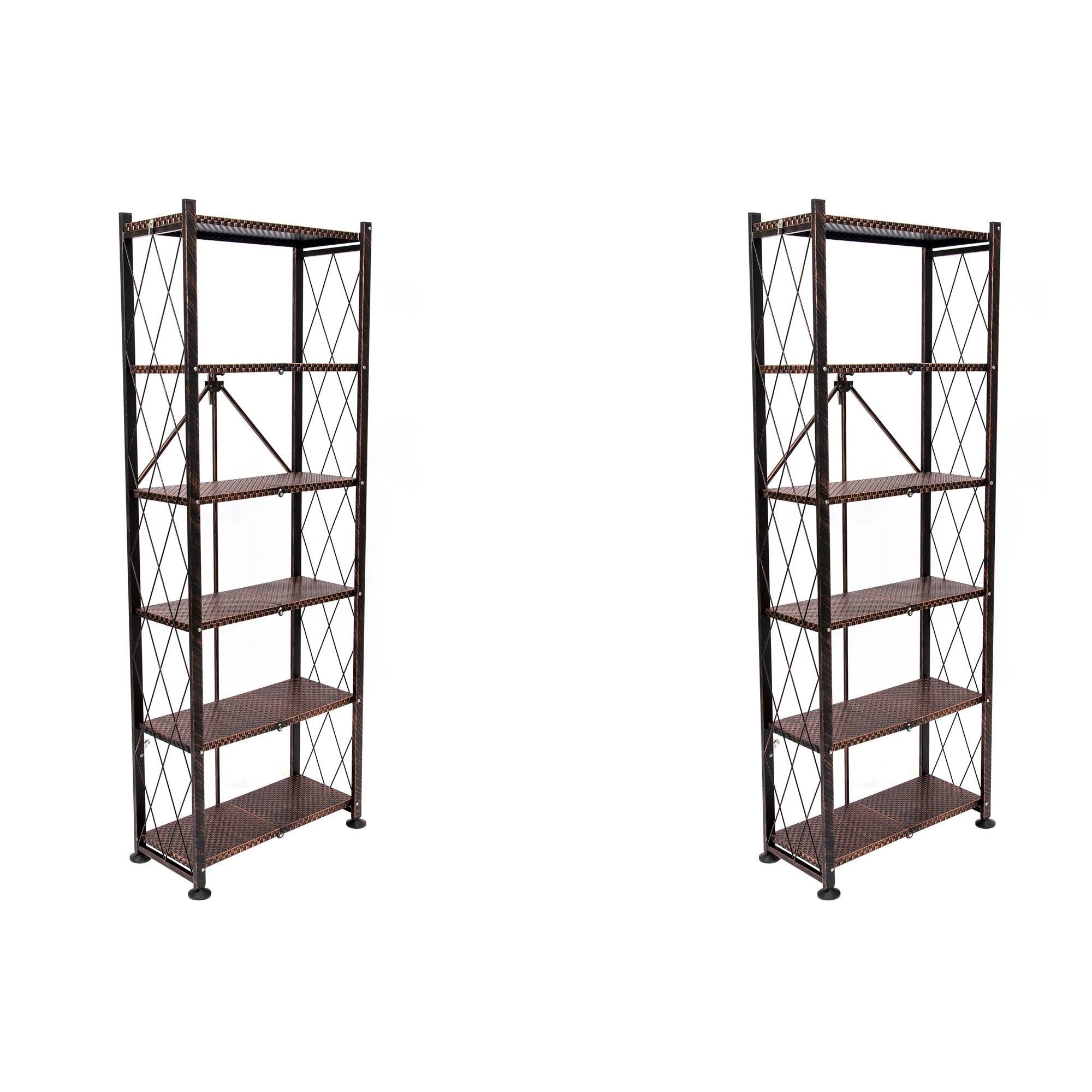 Origami 6 Tier Classic Steel Bookcase Organizer Storage Rack, Bronze (2 Pack)