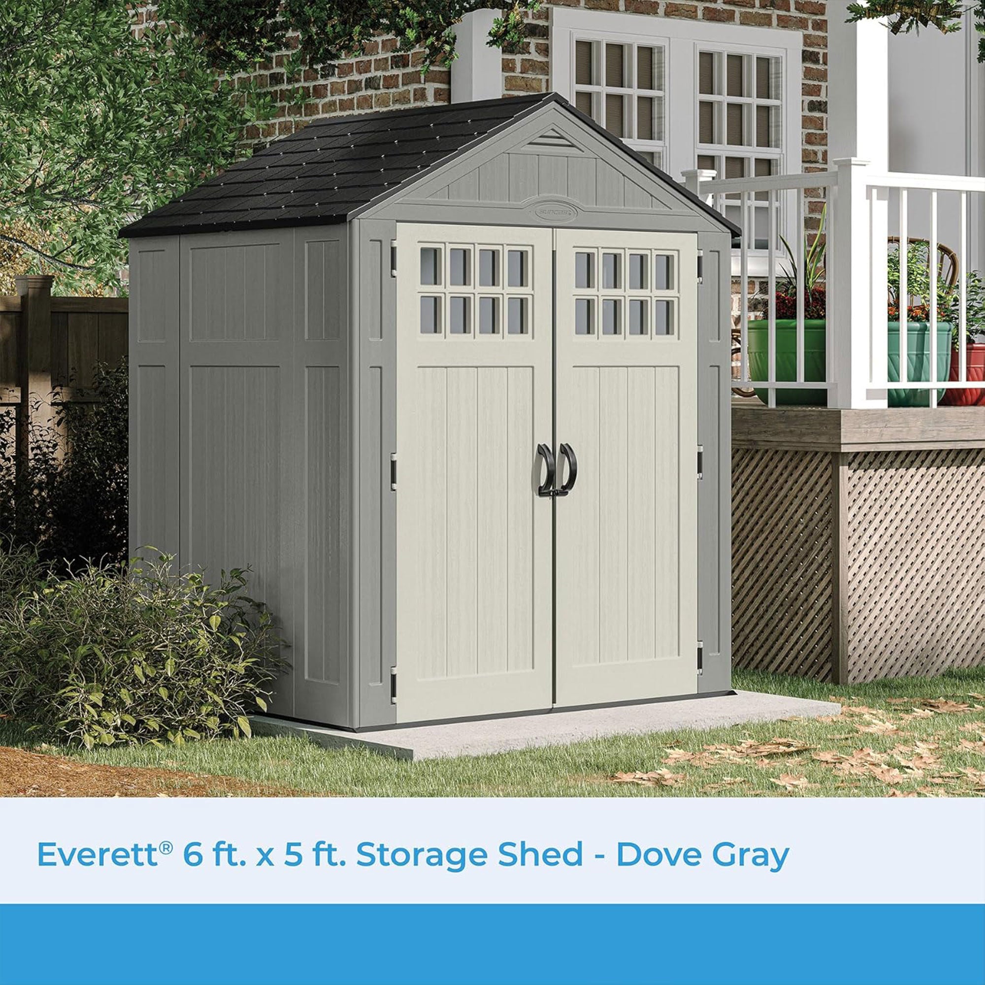 Suncast Everett 6 x 5 ft. Storage Equipment Shed w/Double Door Entry, Dove Gray - VMInnovations