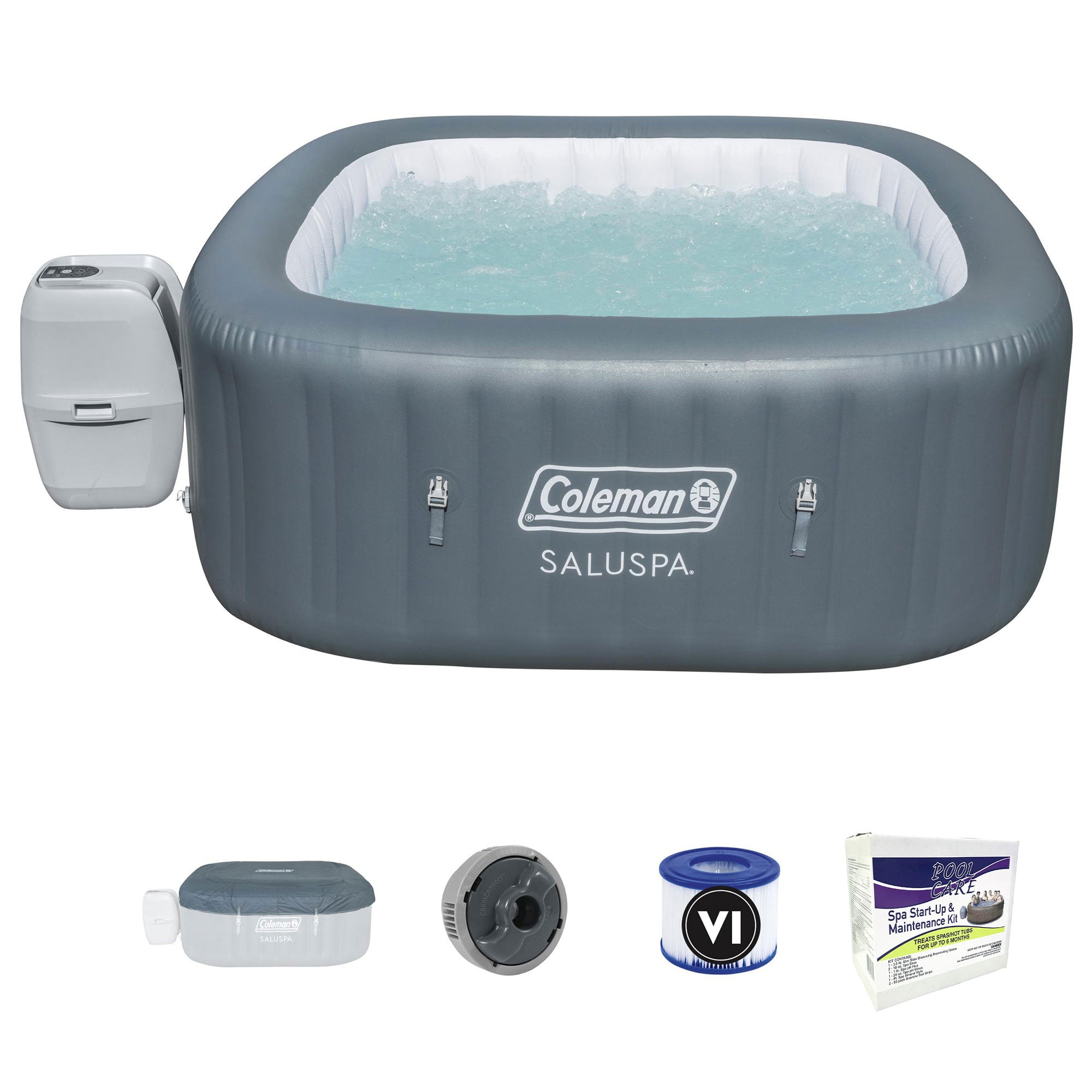 Coleman SaluSpa 4 Person Inflatable Hot Tub, Gray & Qualco 6 Month Chemical Kit
