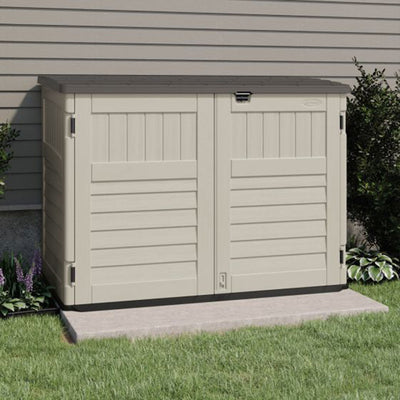 Suncast Stow Away Resin Horizontal Shed, Storage Space for Garbage Cans, Vanilla