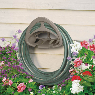 Suncast Hangout HH150 Outdoor Wall Mounted Garden Hose Holder with Shelf, Taupe