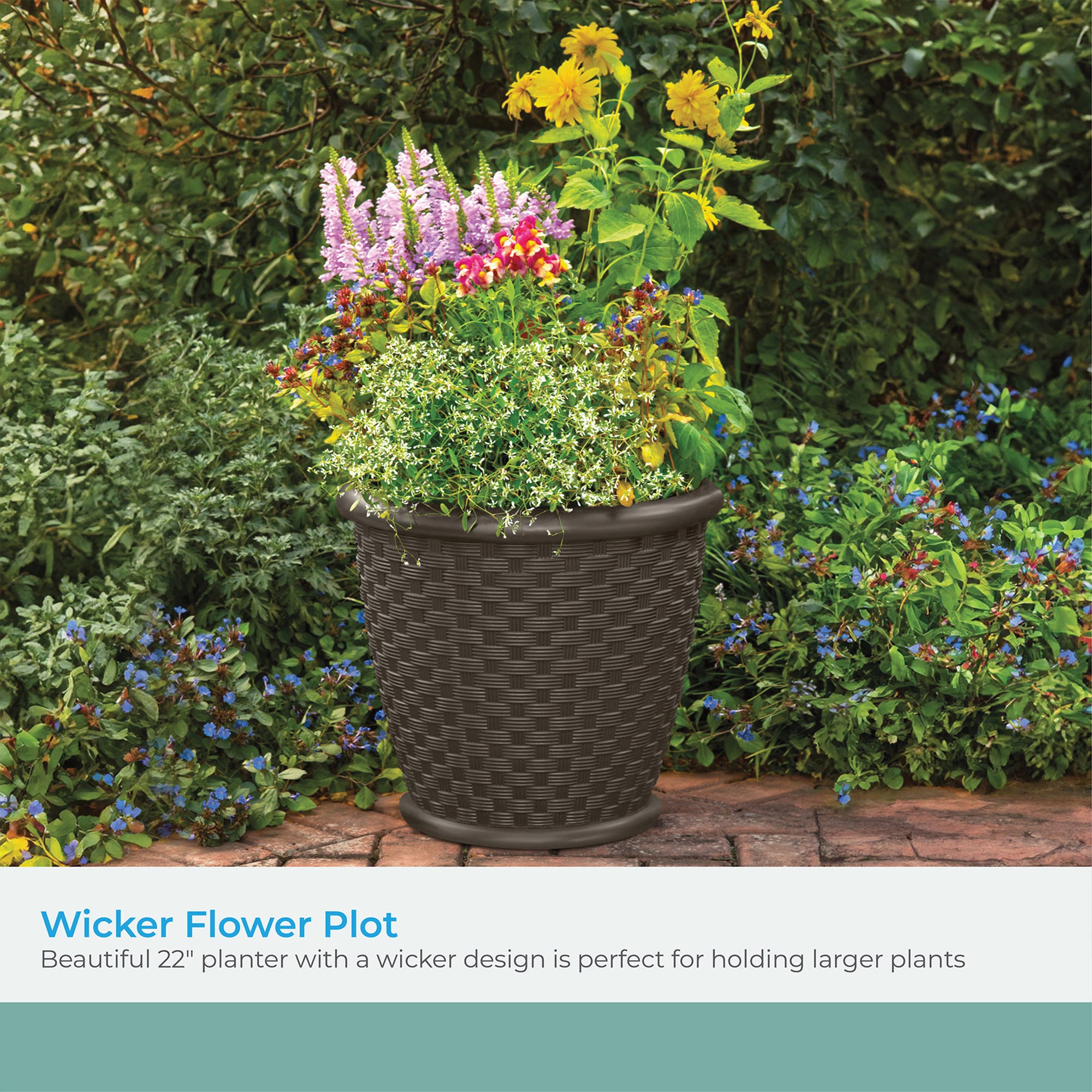 Suncast Sonora 22 Inch Resin Wicker Decorative Garden Flower Planter, Dark Brown - VMInnovations