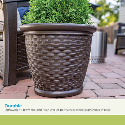 Suncast Sonora 22 Inch Resin Wicker Decorative Garden Flower Planter, Dark Brown - VMInnovations