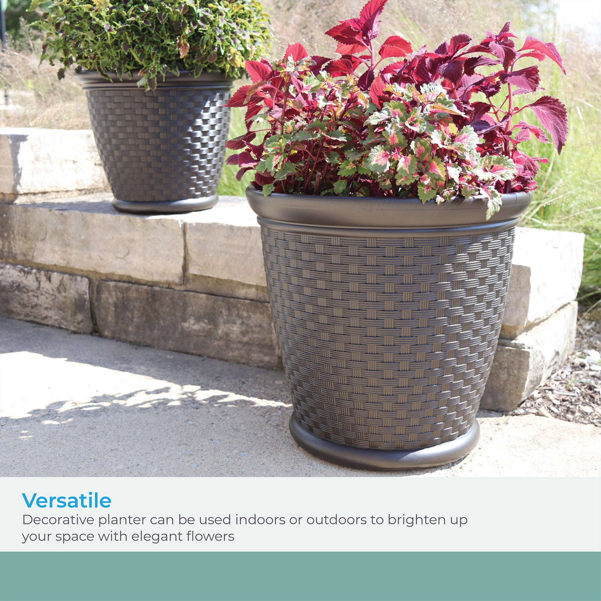 Suncast Sonora 22 Inch Resin Wicker Decorative Garden Flower Planter, Dark Brown - VMInnovations