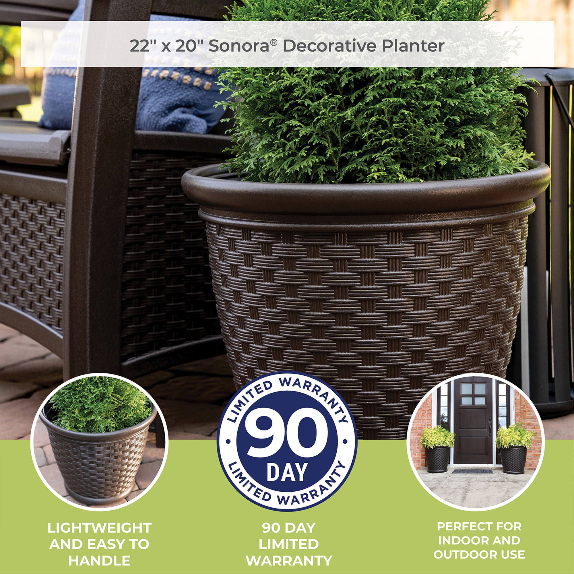Suncast Sonora 22 Inch Resin Wicker Decorative Garden Flower Planter, Dark Brown - VMInnovations