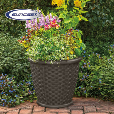 Suncast Sonora 22 Inch Resin Wicker Decorative Garden Flower Planter, Dark Brown