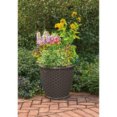 Suncast Sonora 22 Inch Resin Wicker Decorative Garden Flower Planter, Dark Brown