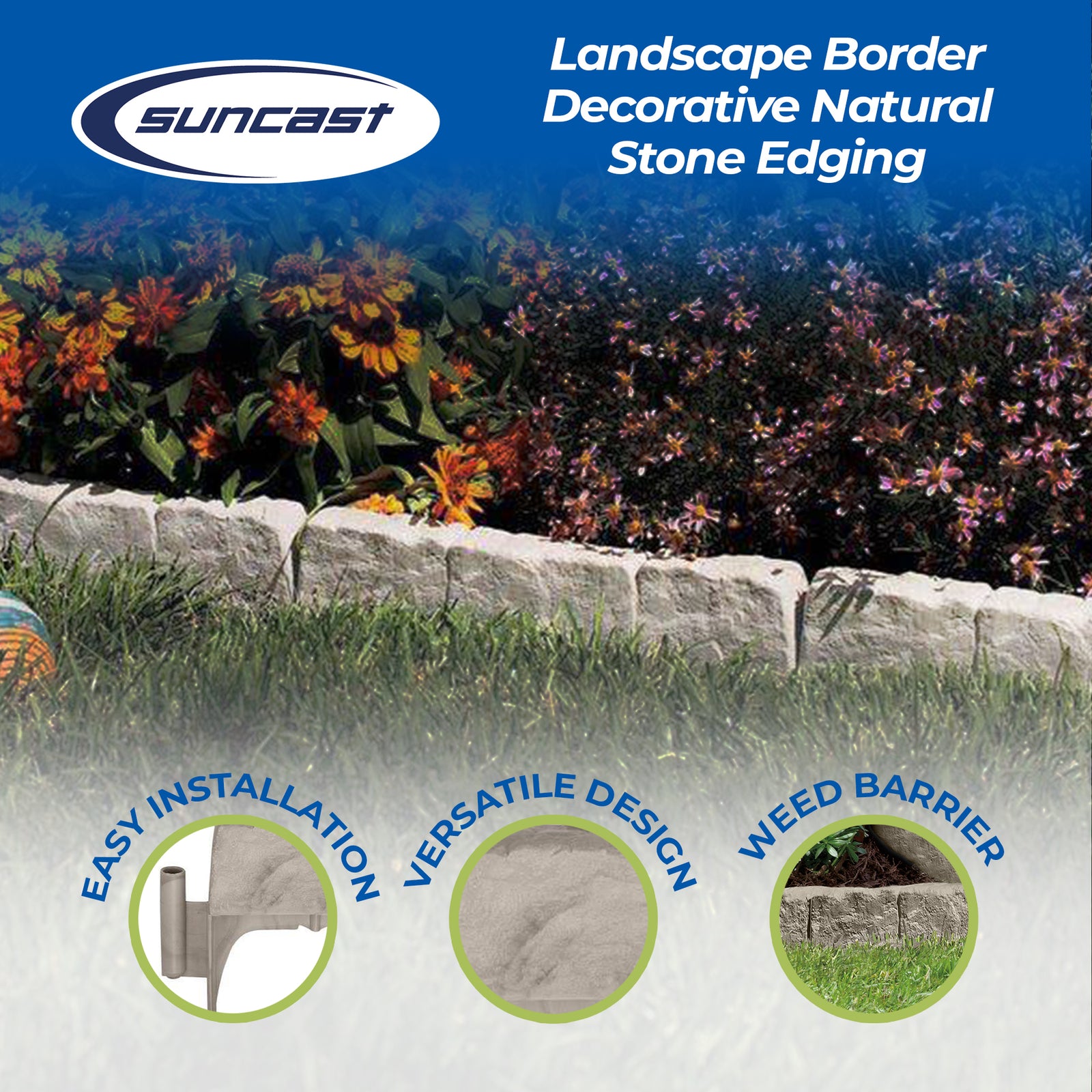Suncast Landscape Border Decorative Natural Stone Edging, 12" Sections (30 Pack) - VMInnovations