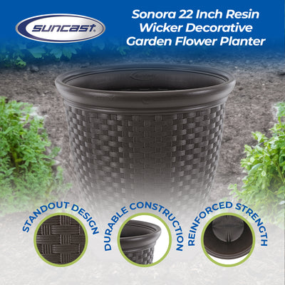 Suncast Sonora 22 Inch Resin Wicker Garden Flower Planter, Java (Used)