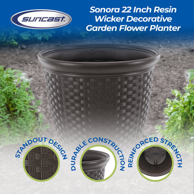 Suncast Sonora 22 Inch Resin Wicker Decorative Garden Flower Planter, Dark Brown