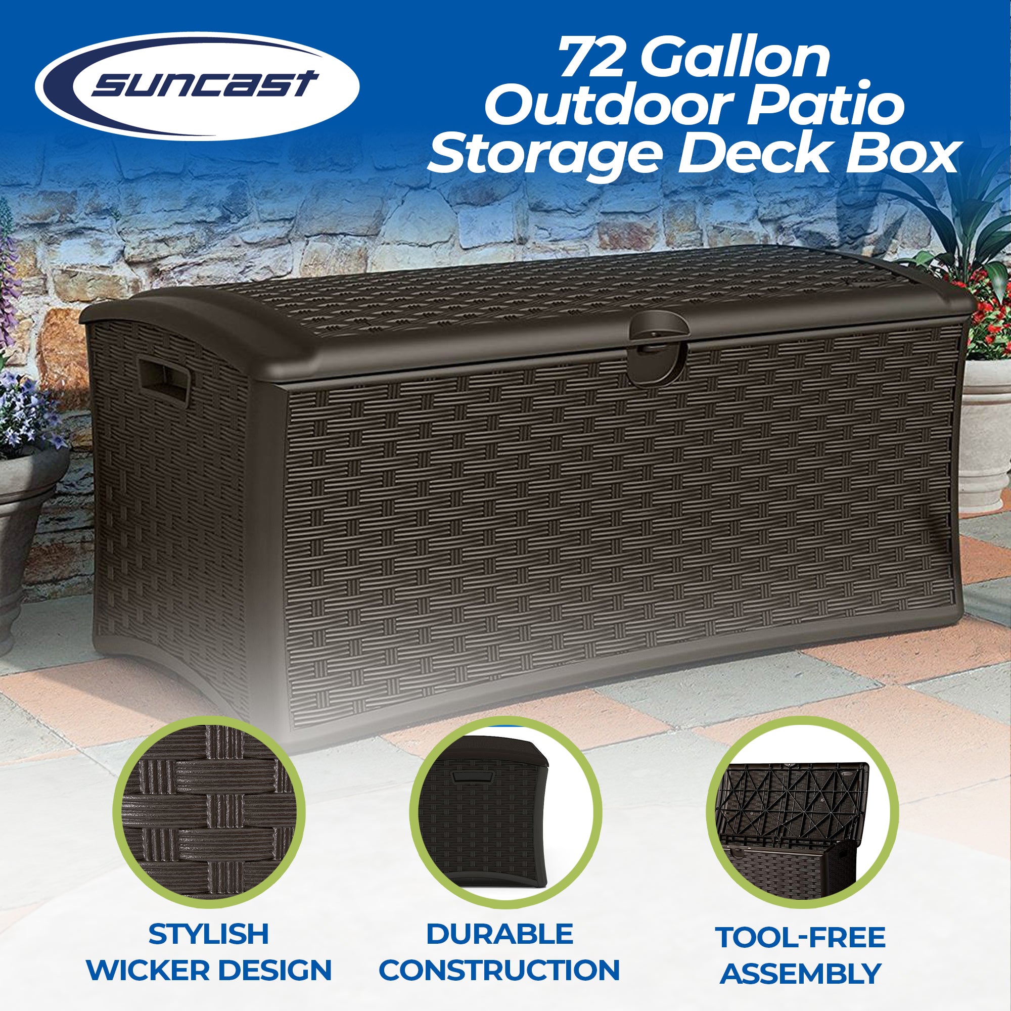 Suncast 72 Gallon Capacity Resin Wicker Patio Storage Deck Box, Brown (Used)
