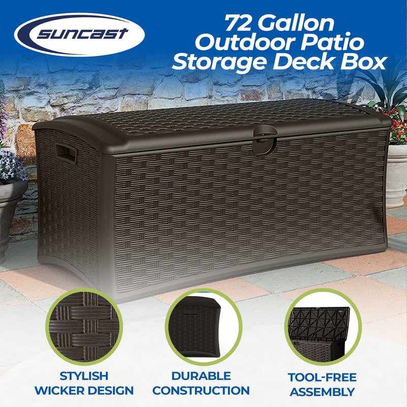 Suncast 72 Gallon Capacity Resin Wicker Outdoor Patio Storage Deck Box, Brown
