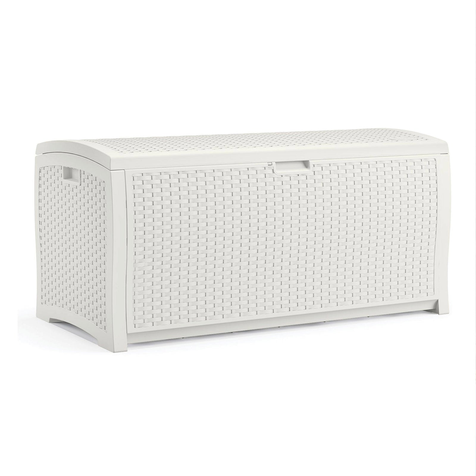 Suncast 99 Gallon Heavy Duty Resin Wicker Horizontal Outdoor Deck Box, White - VMInnovations