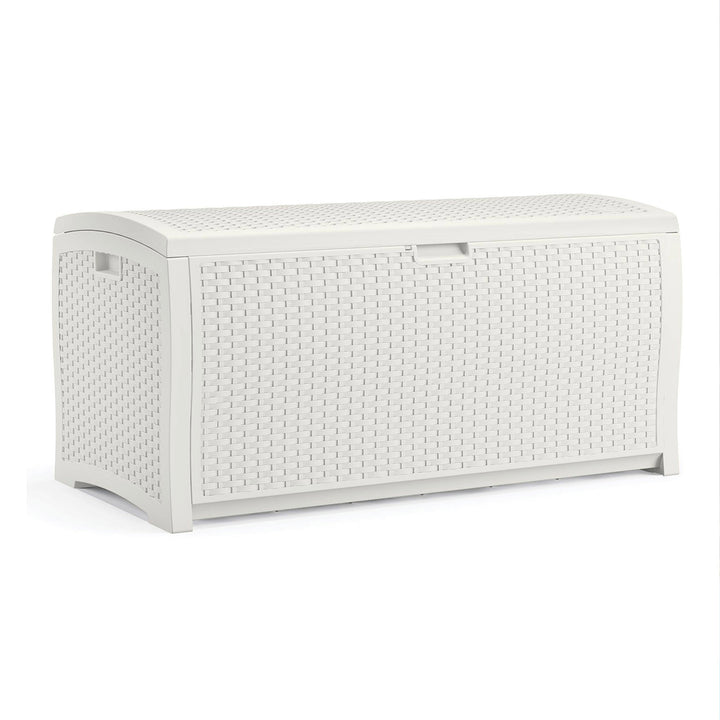 Suncast 99 Gallon Heavy Duty Resin Wicker Horizontal Outdoor Deck Box, White