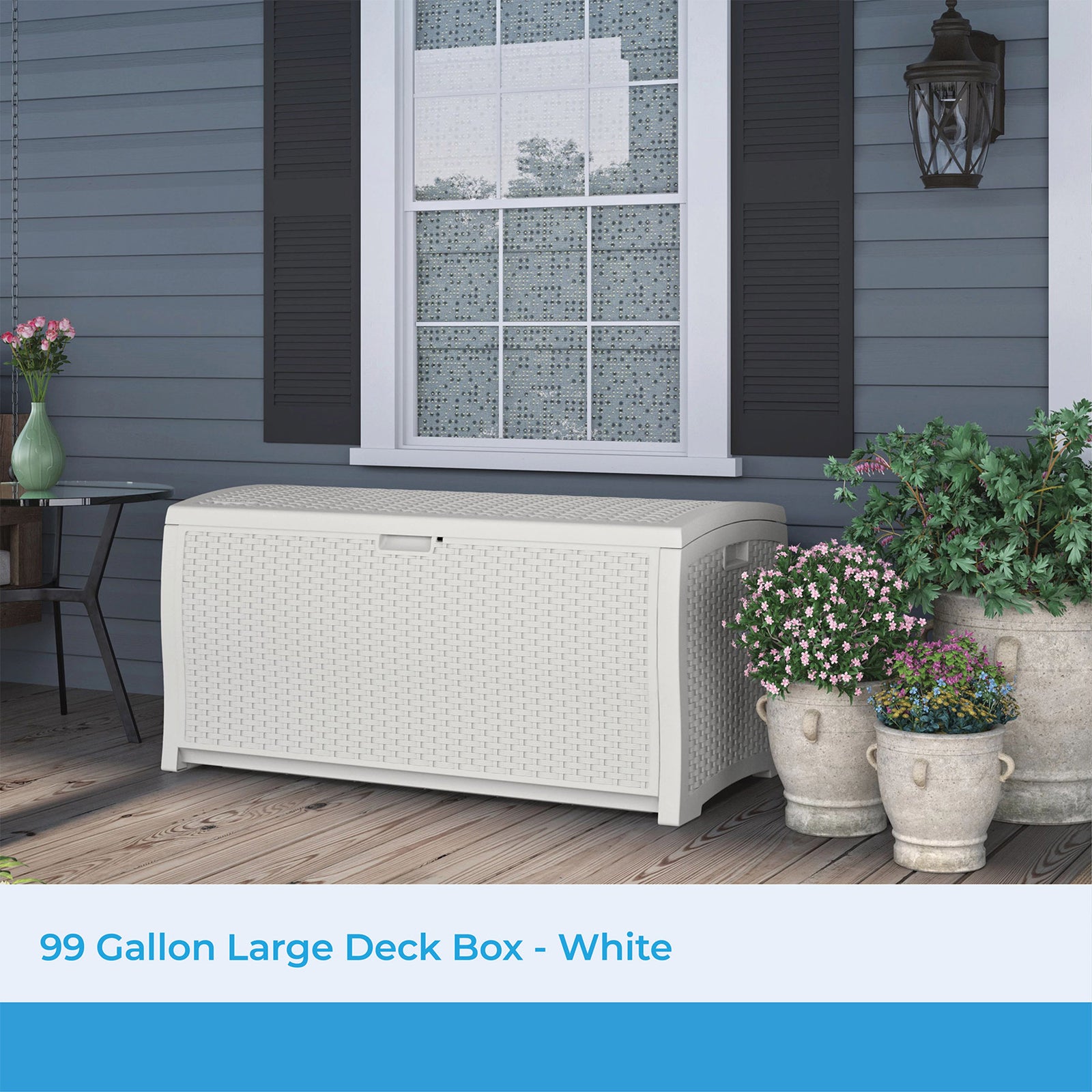 Suncast 99 Gallon Heavy Duty Resin Wicker Horizontal Outdoor Deck Box, White - VMInnovations