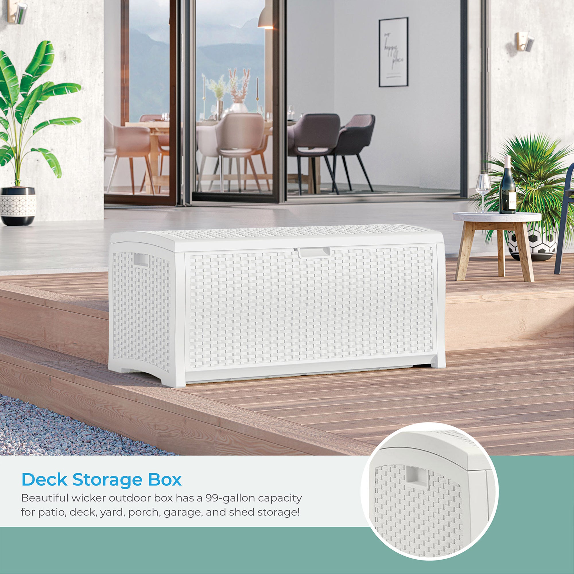 Suncast 99 Gallon Heavy Duty Resin Wicker Horizontal Outdoor Deck Box, White - VMInnovations