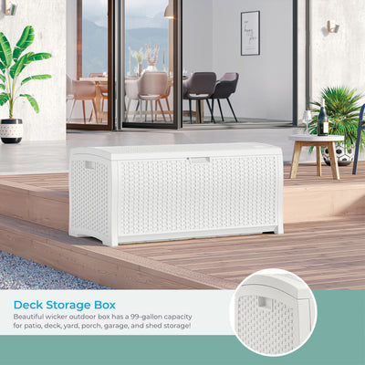 Suncast 99 Gallon Heavy Duty Resin Wicker Horizontal Outdoor Deck Box, White - VMInnovations