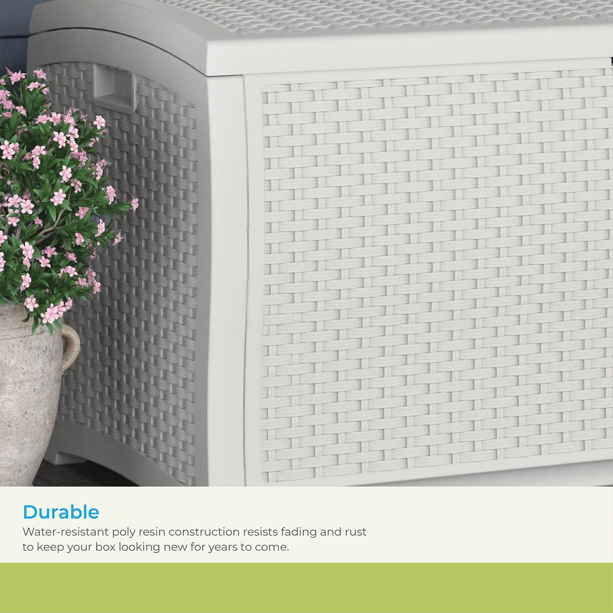 Suncast 99 Gallon Heavy Duty Resin Wicker Horizontal Outdoor Deck Box, White - VMInnovations