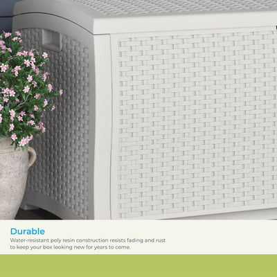 Suncast 99 Gallon Heavy Duty Resin Wicker Horizontal Outdoor Deck Box, White - VMInnovations