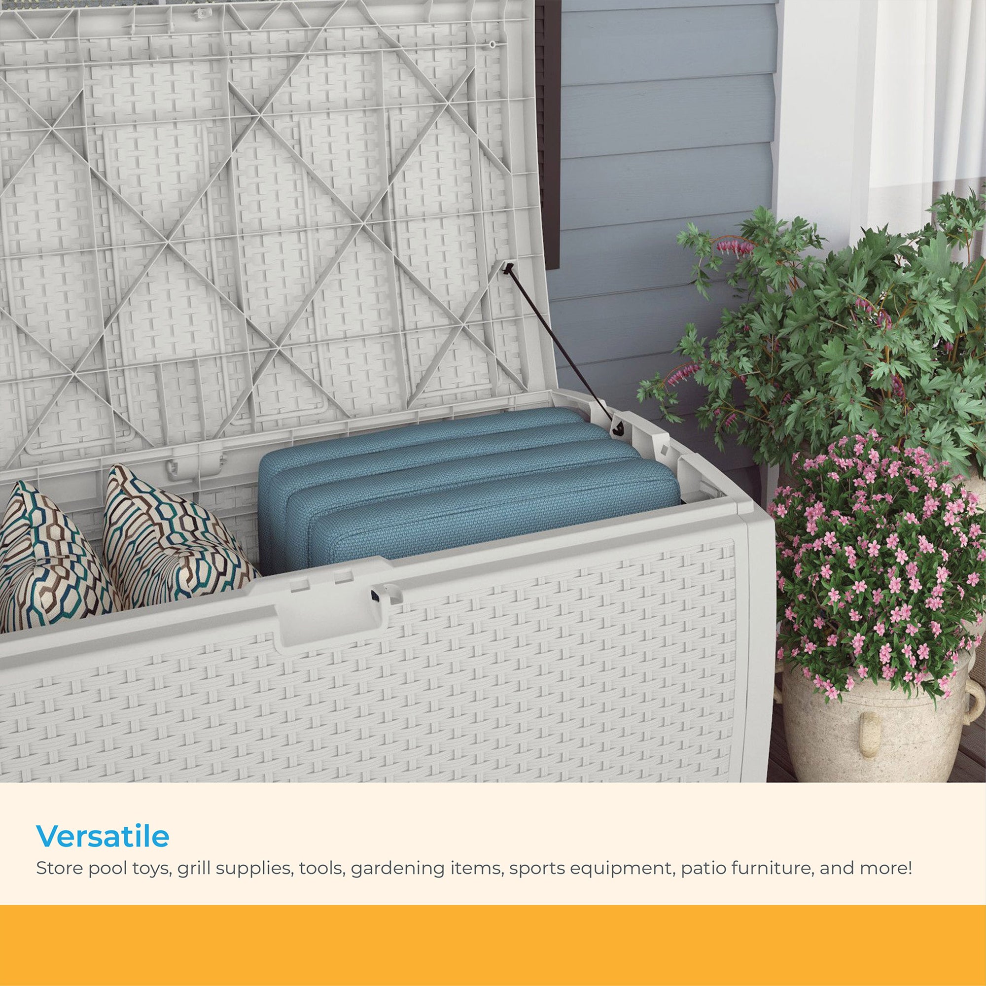 Suncast 99 Gallon Heavy Duty Resin Wicker Horizontal Outdoor Deck Box, White - VMInnovations