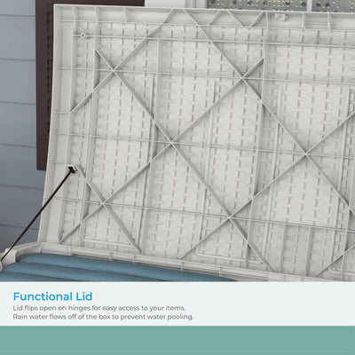 Suncast 99 Gallon Heavy Duty Resin Wicker Horizontal Outdoor Deck Box, White - VMInnovations
