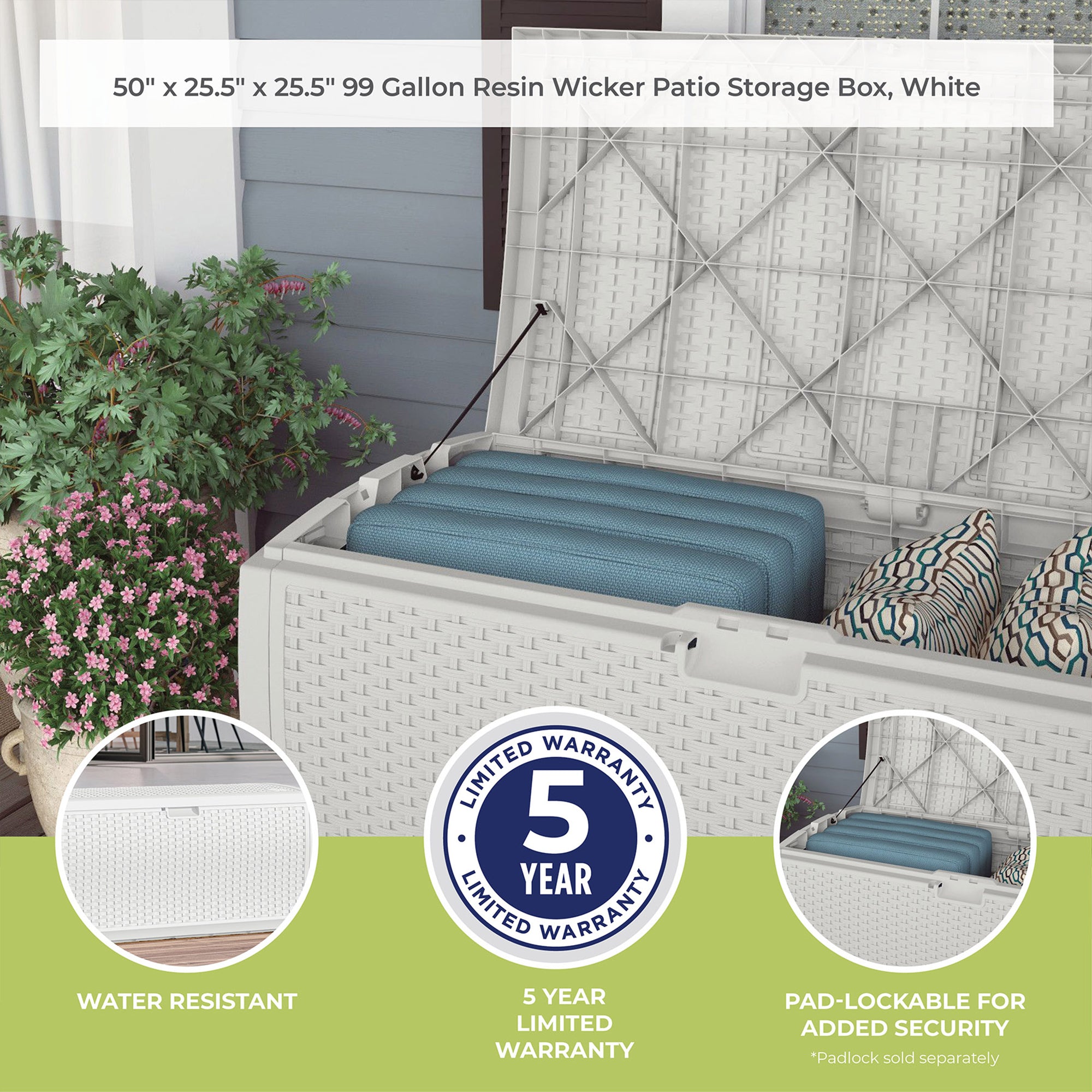 Suncast 99 Gallon Heavy Duty Resin Wicker Horizontal Outdoor Deck Box, White - VMInnovations