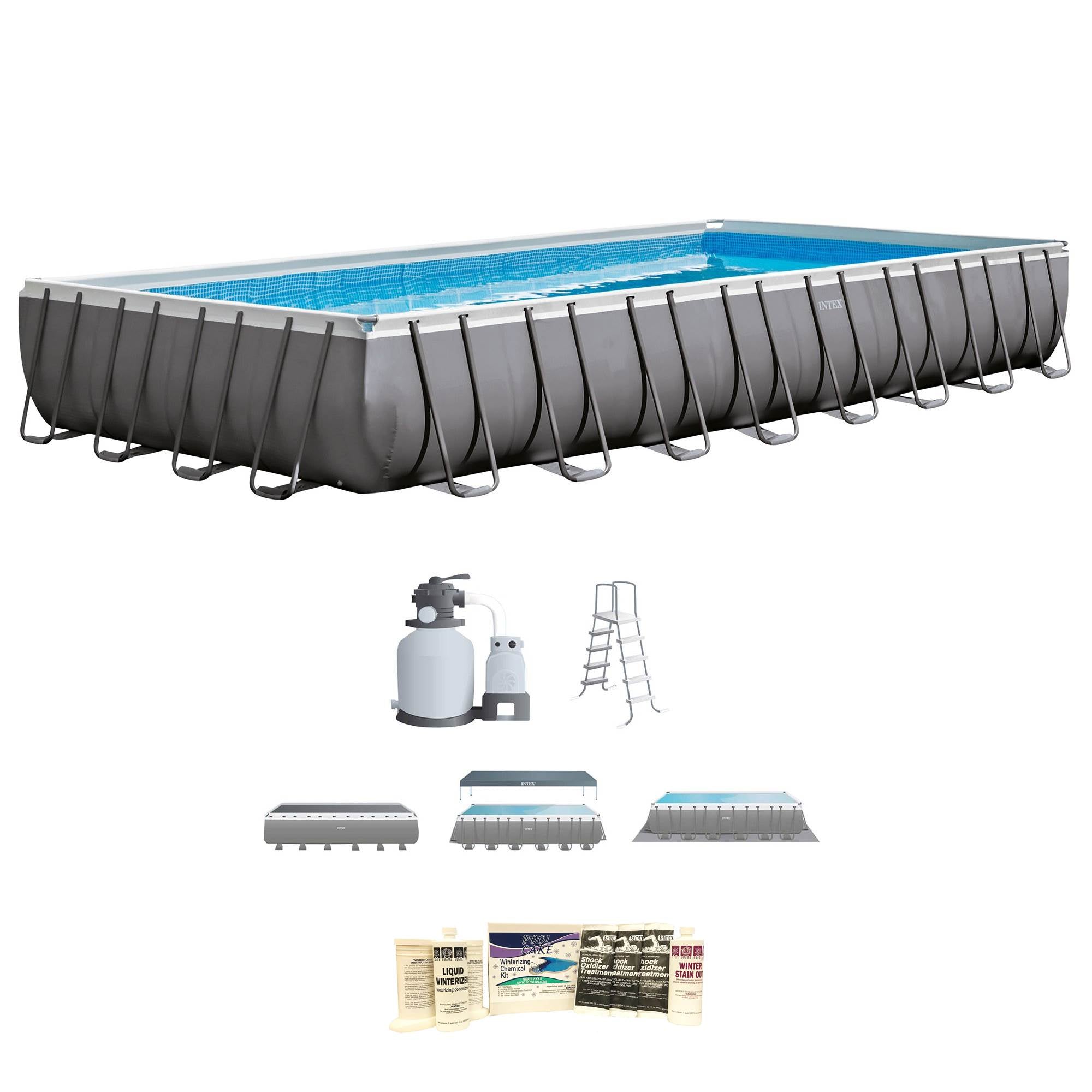 Intex 32x16x4.3 Foot Ultra Frame Rectangle Pool Set with Pump & Winterizing Kit