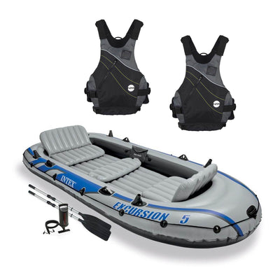 Intex Excursion 5 Person Inflatable Raft, 2 Oars & 2 Black Life Jackets, Small M