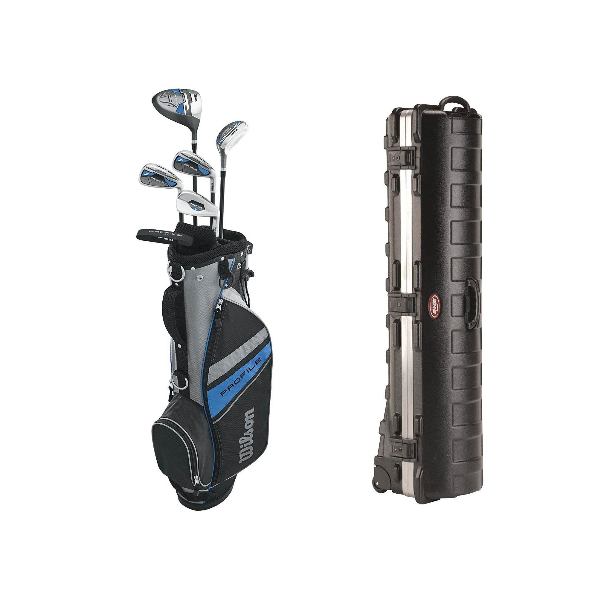 Wilson 2017 Junior Right Hand Golf Set, Blue & Wheeled Golf Bag Travel Case