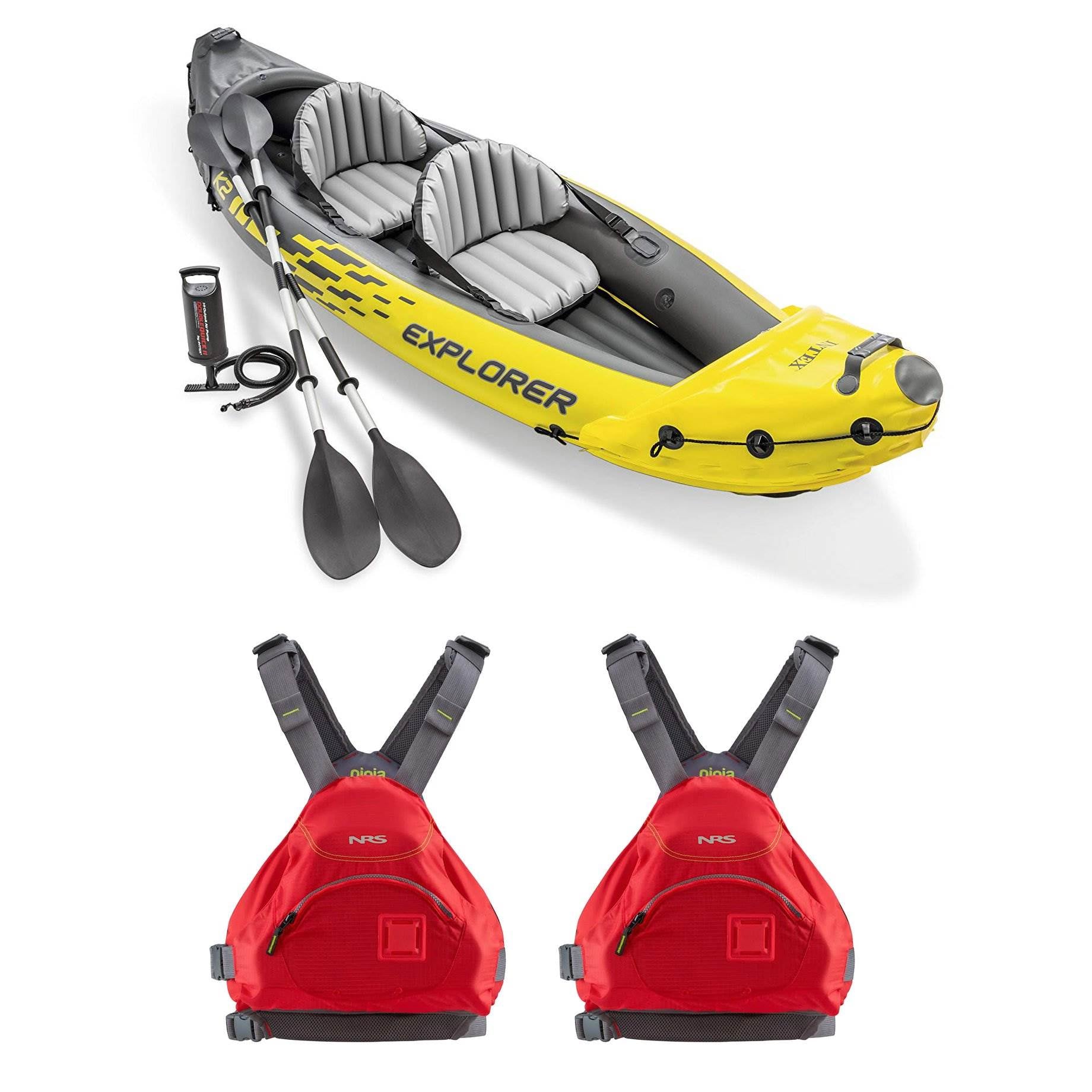 Intex Explorer Inflatable Kayak w/ Air Pump & Large XL Life Jacket, Red (2 Pack)