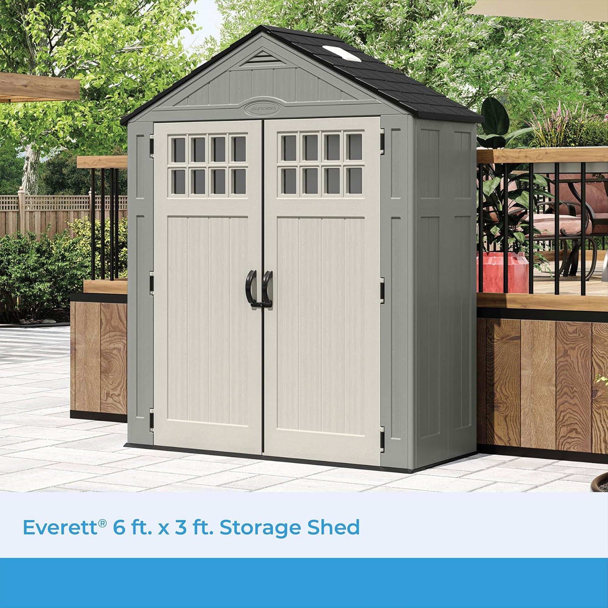 Suncast Everett 6 x 3 ft. Storage Equipment Shed w/Double Door Entry, Dove Gray - VMInnovations