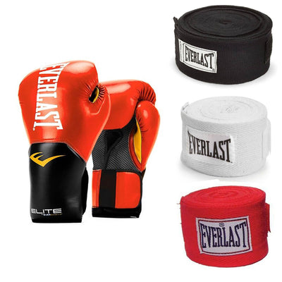 Everlast Red Elite Pro Style Boxing Gloves 16 Oz & 120-Inch Hand Wraps (3 Pack)