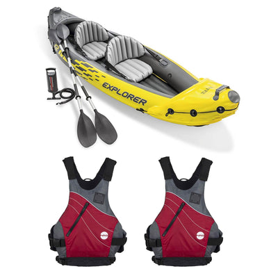 Intex Explorer Inflatable Kayak with Air Pump & Red Small Life Jacket (2 Pack) - VMInnovations