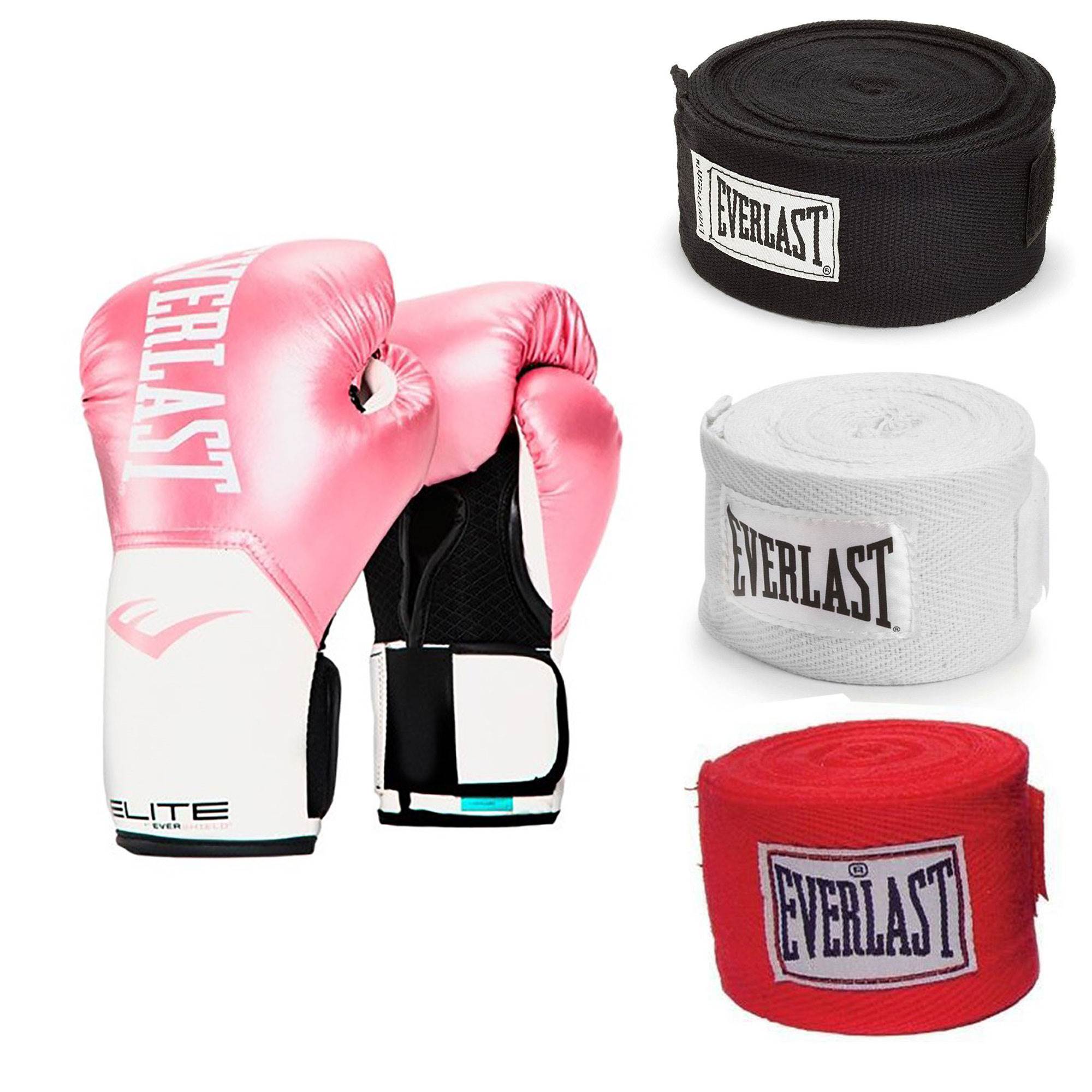 Everlast Pink Elite Pro Style Boxing Gloves 8 Oz & 120-Inch Hand Wraps (3 Pack)