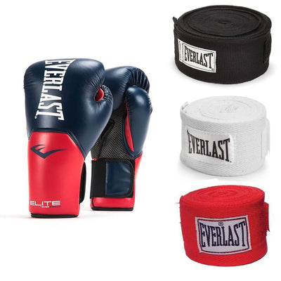 Everlast Navy/Red Elite Pro Style Boxing Gloves 16 Oz & 120-Inch Wraps (3 Pack)