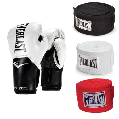Everlast White Elite ProStyle Boxing Gloves 12 Oz & 120-Inch Hand Wraps (3 Pack)