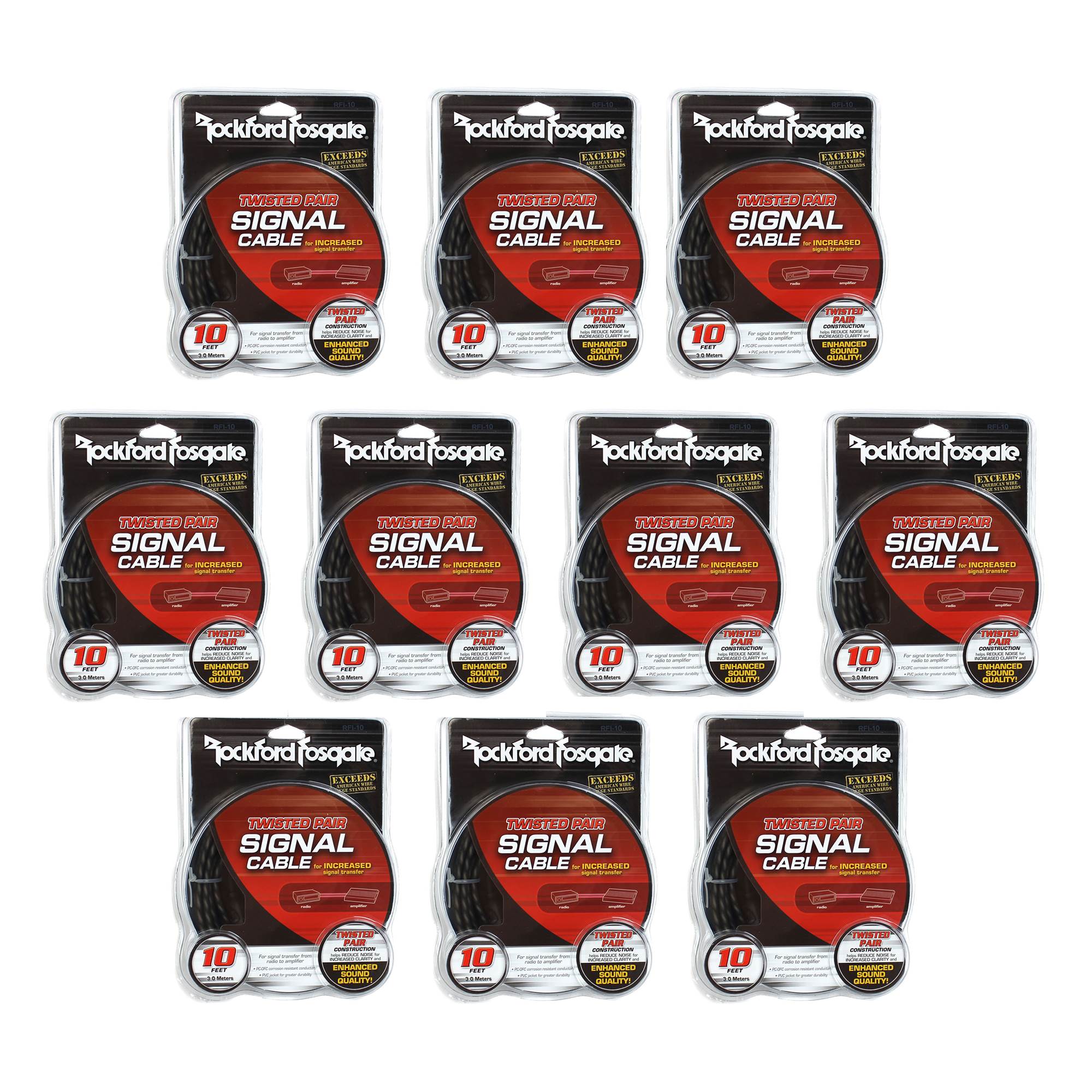 Rockford Fosgate RFI-10 10 Foot Twisted RCA Car Audio Signal Cable (10 Pack)
